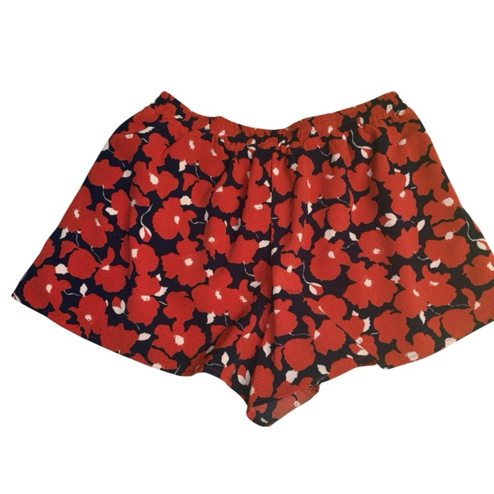 high-waisted floral print shorts large-scale red poppy flared silhouette small - Picture 3 of 9